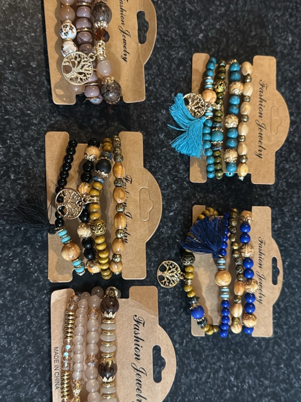 Source Unknown Turquoise, Royal Blue & Gold Beaded Bracelet Set with Tree Charm